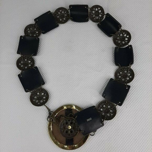 Vintage Upcycled Victorian Compact Leather Metal Belt Buckle Chain Link OSFM - Picture 5 of 8